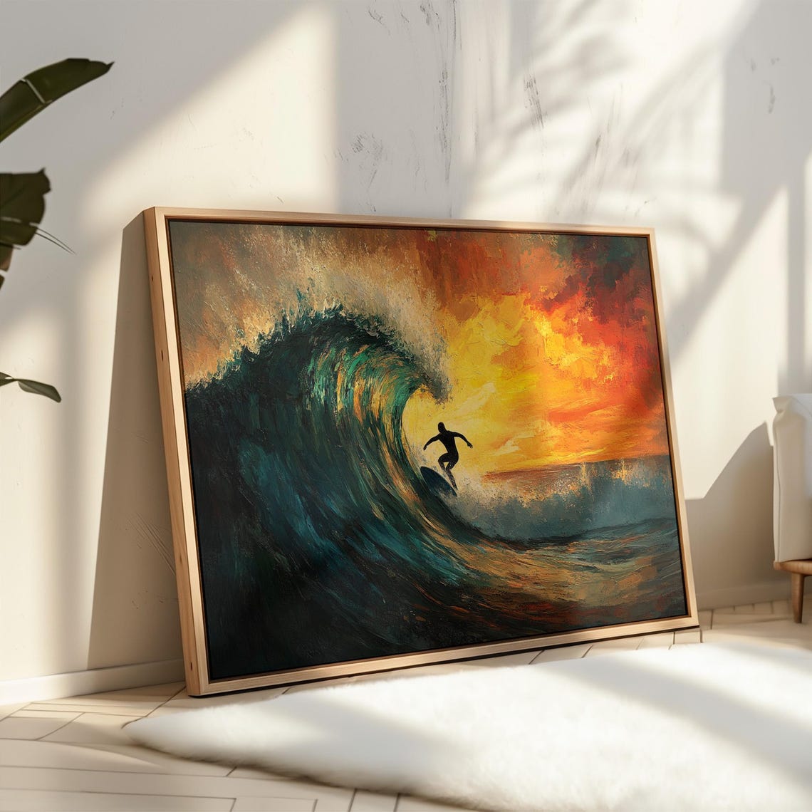 Surfer In Curling Wave Barrel Dramatic Sunset Ocean Wall Art - Image 3