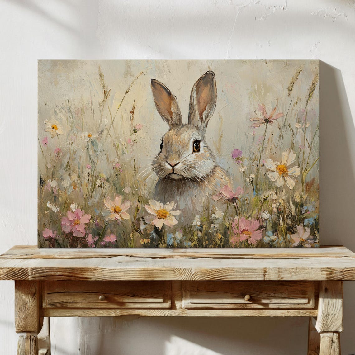 Cute Bunny In Cosmos Daisy Meadow Spring Floral Rabbit Wall Art - Image 2