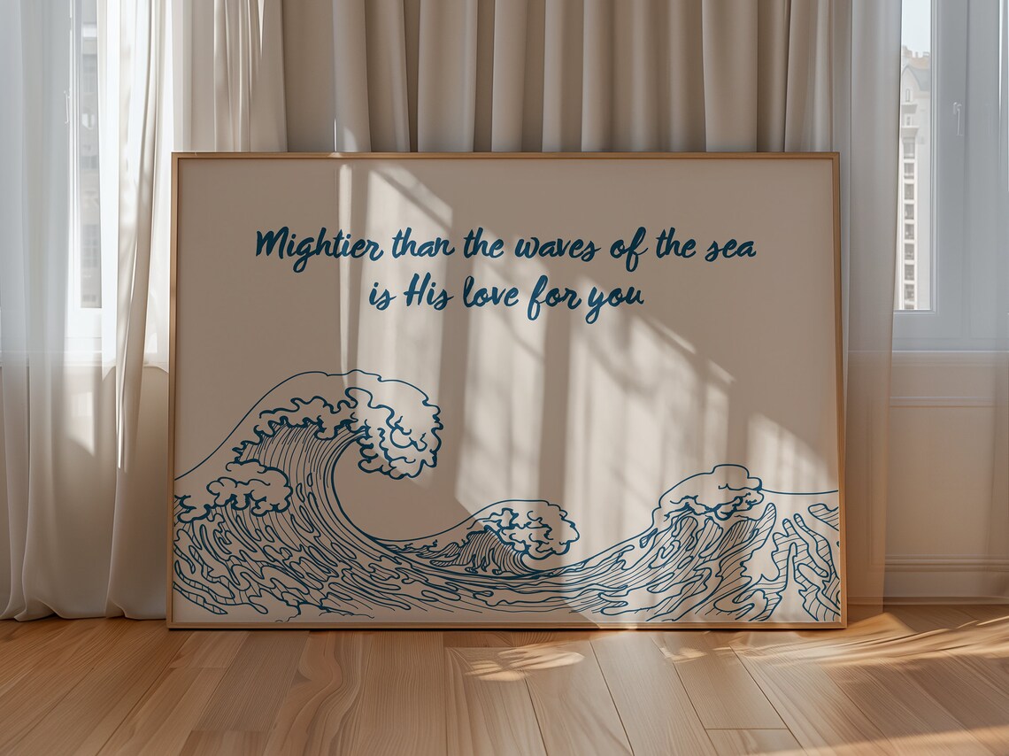 Mightier Than The Waves Of The Sea Faith Quote Ocean Wave Poster - Image 2
