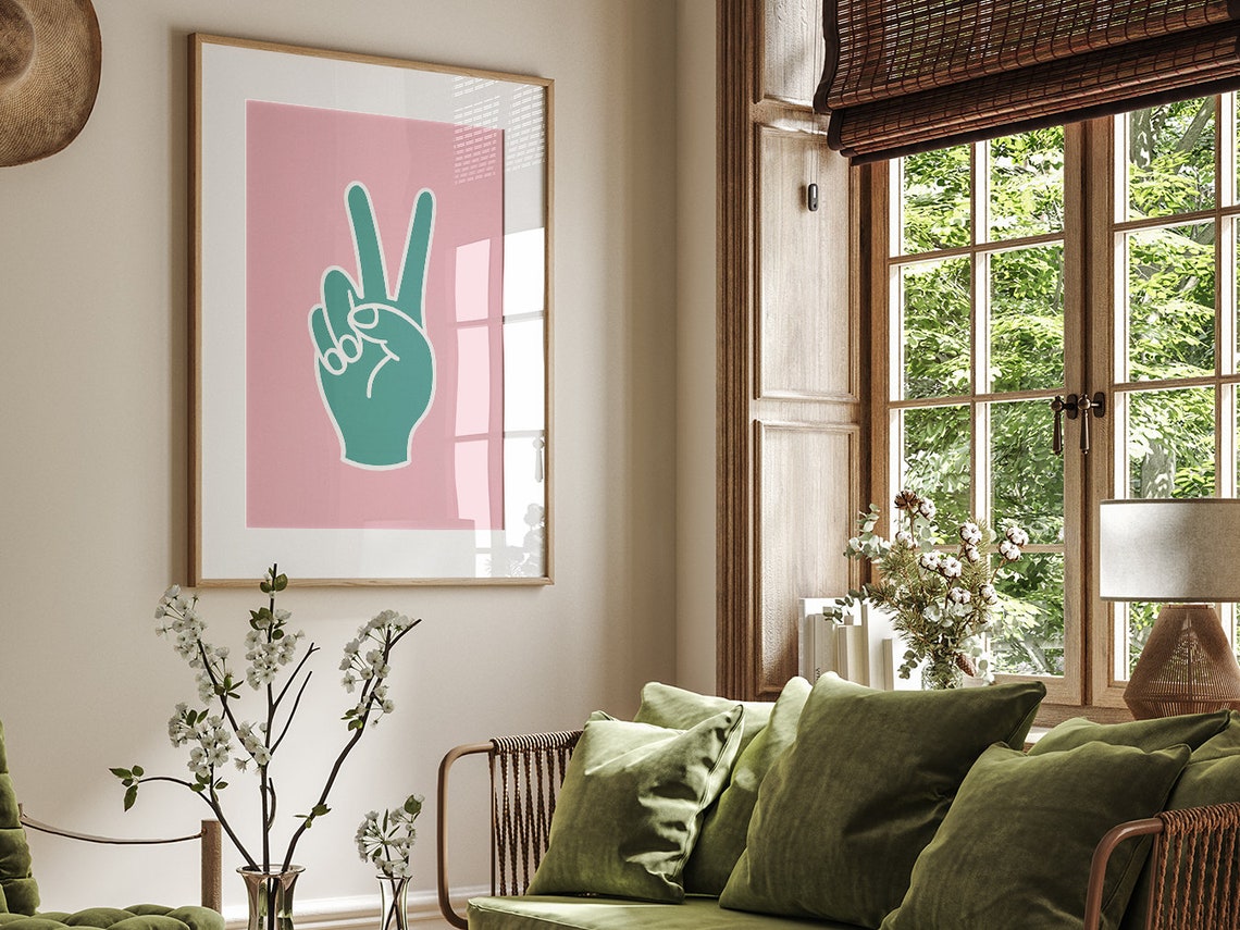 Peace Sign Hand Teal Pink Retro Groovy Positive Wall Art Poster - Image 4