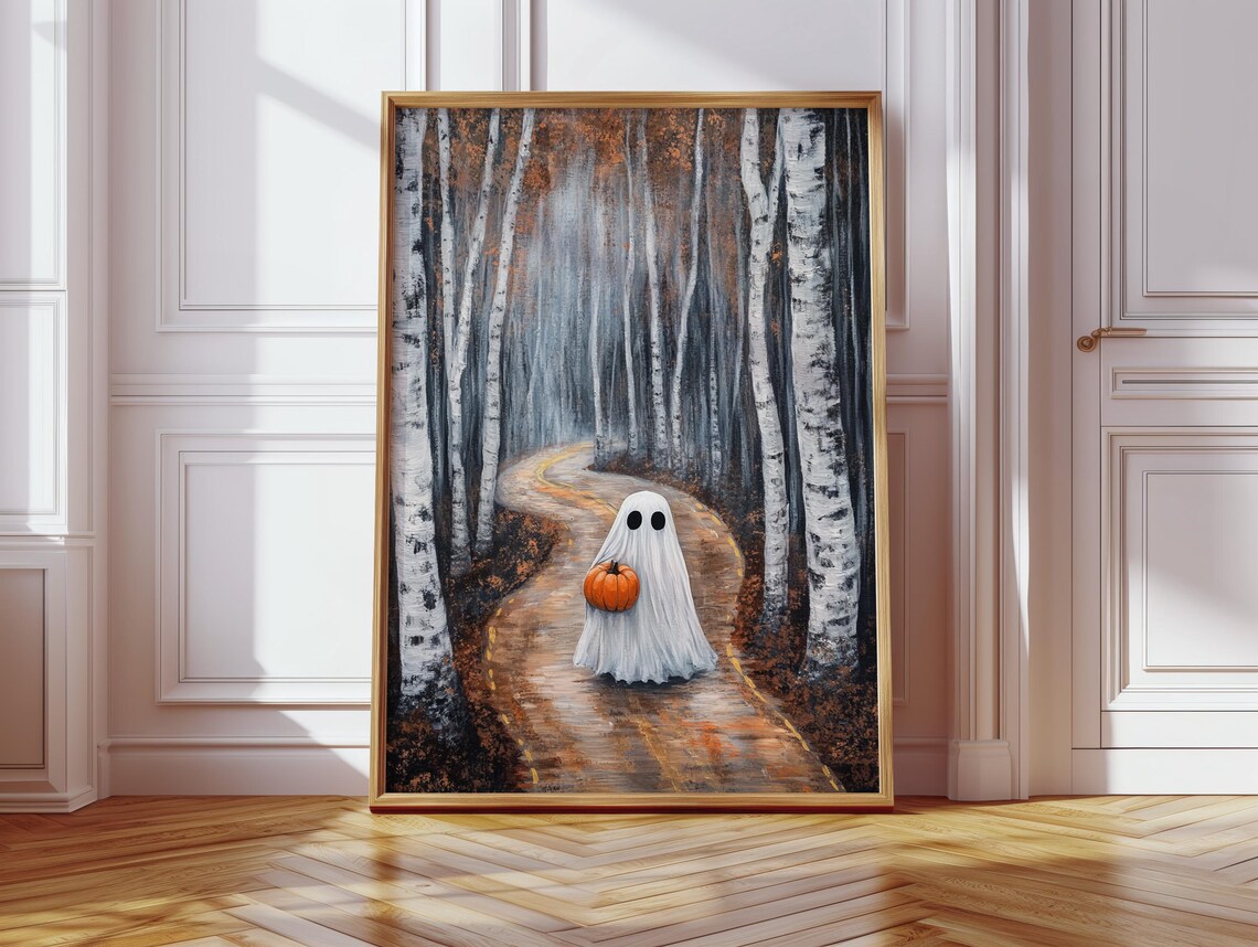 Ghost Holding Pumpkin Walking Down Autumn Birch Forest Road Poster - Image 3