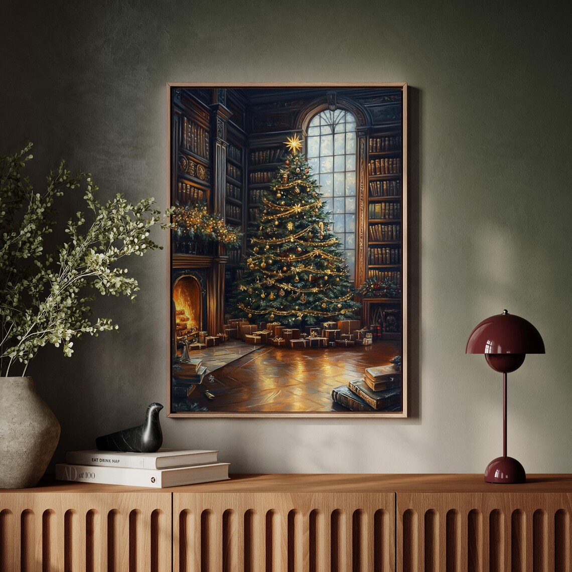 Christmas Library Grand Tree Fireplace Cozy Vintage Holiday Art Print - Image 5
