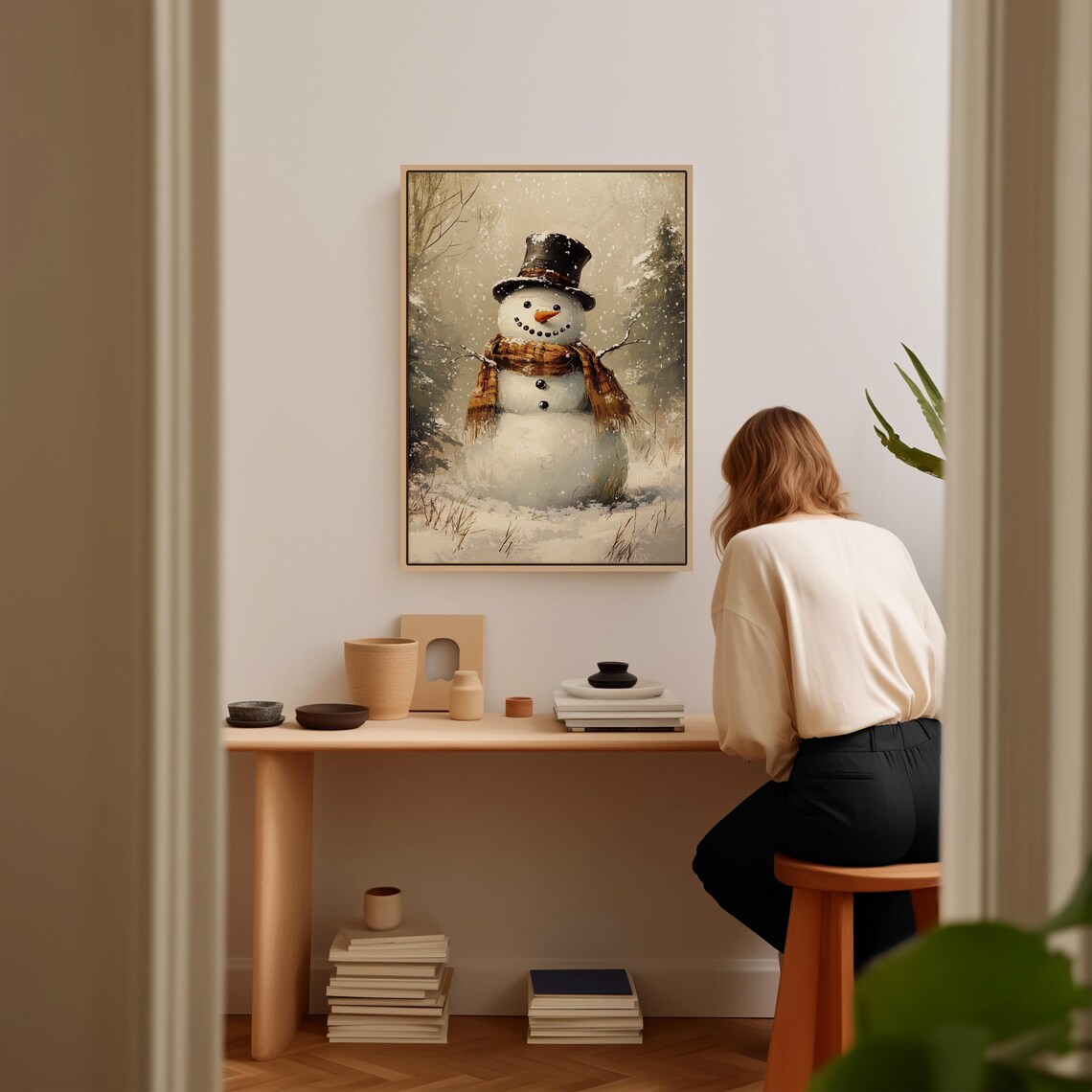 Cute Snowman With Top Hat And Plaid Scarf In Falling Snow Art Poster - Image 2
