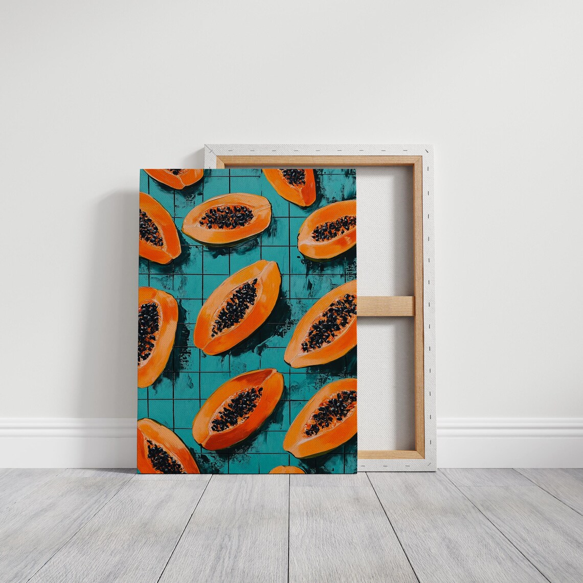 Bold Papaya Halves Teal Tile Tropical Fruit Pop Art Colorful Poster - Image 4