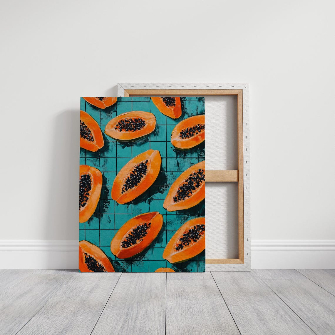 Vibrant Papaya Halves Against A Textured Teal Background In Bold Tropical Art Style - Image 4
