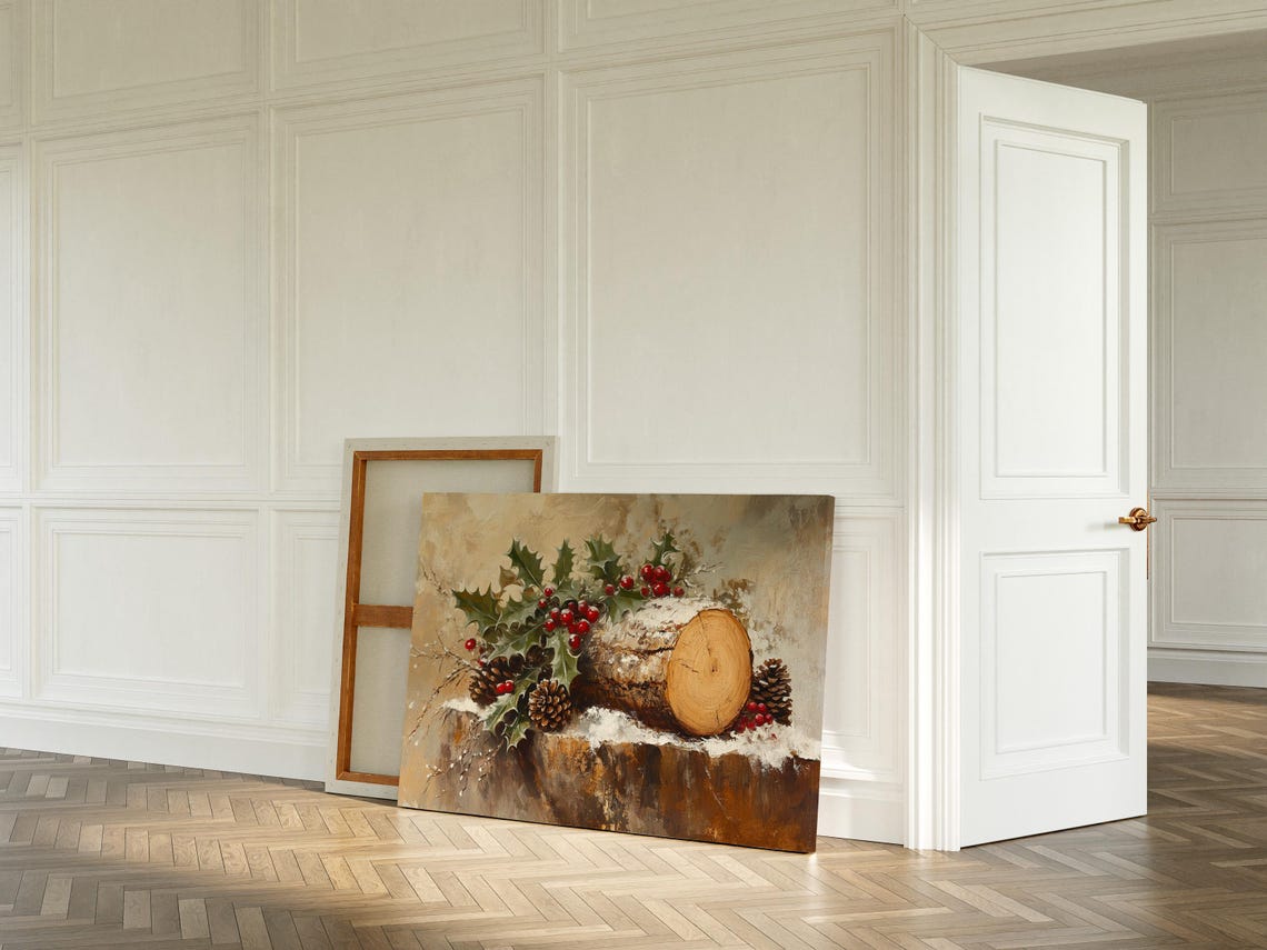 Rustic Christmas Log With Holly Berries And Pinecones Holiday Print - Image 5