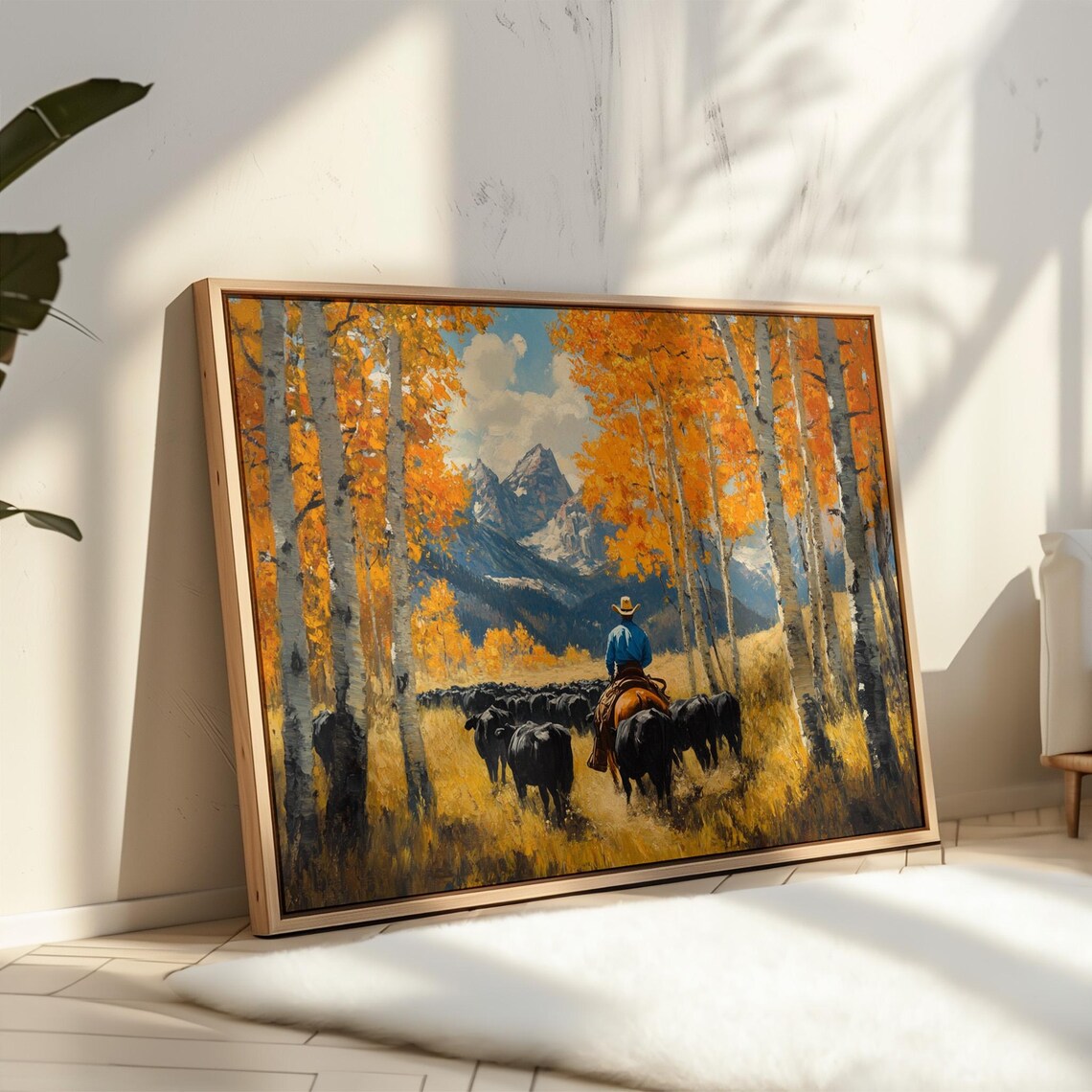 Cowboy Cattle Drive Western Ranch Autumn Aspen Landscape Art Poster