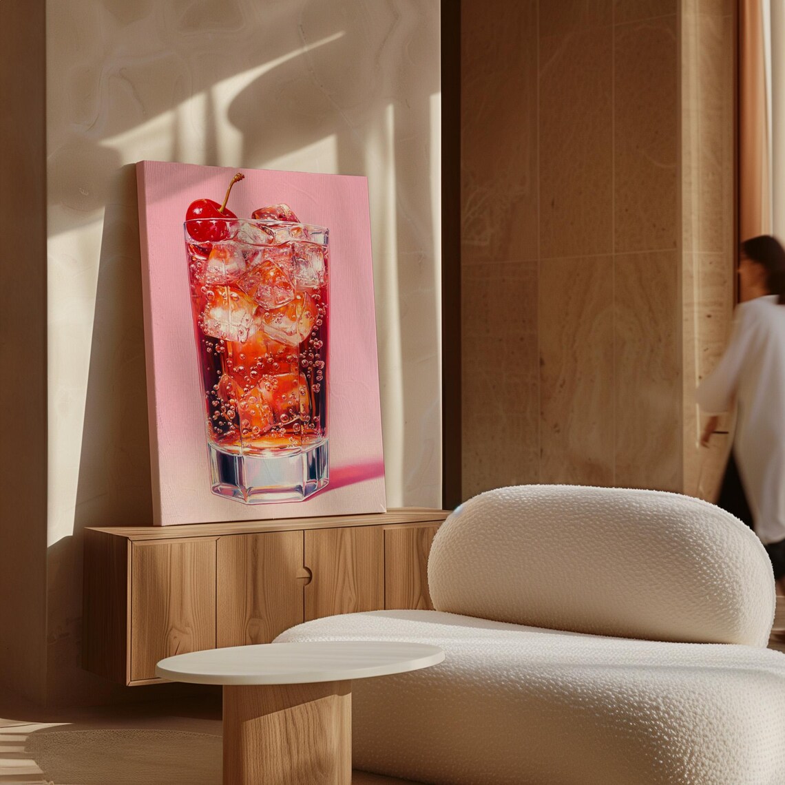 Realistic Cherry Soda Still Life Art Sparkling Beverage Painting With Ice Cubes On Pink Background For Modern Wall Decor - Image 5