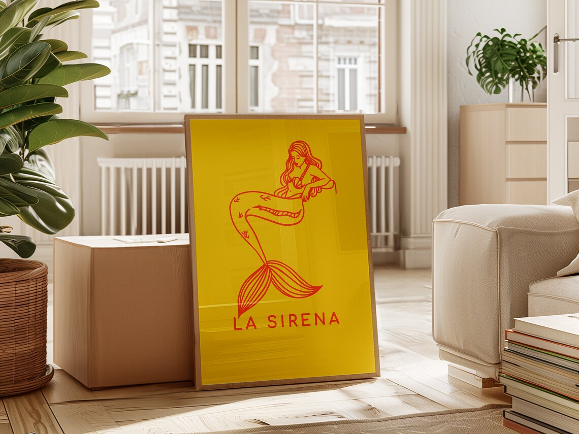 La Sirena Mermaid Red Line Art Bright Yellow Mexican Folk Art Poster - Image 3