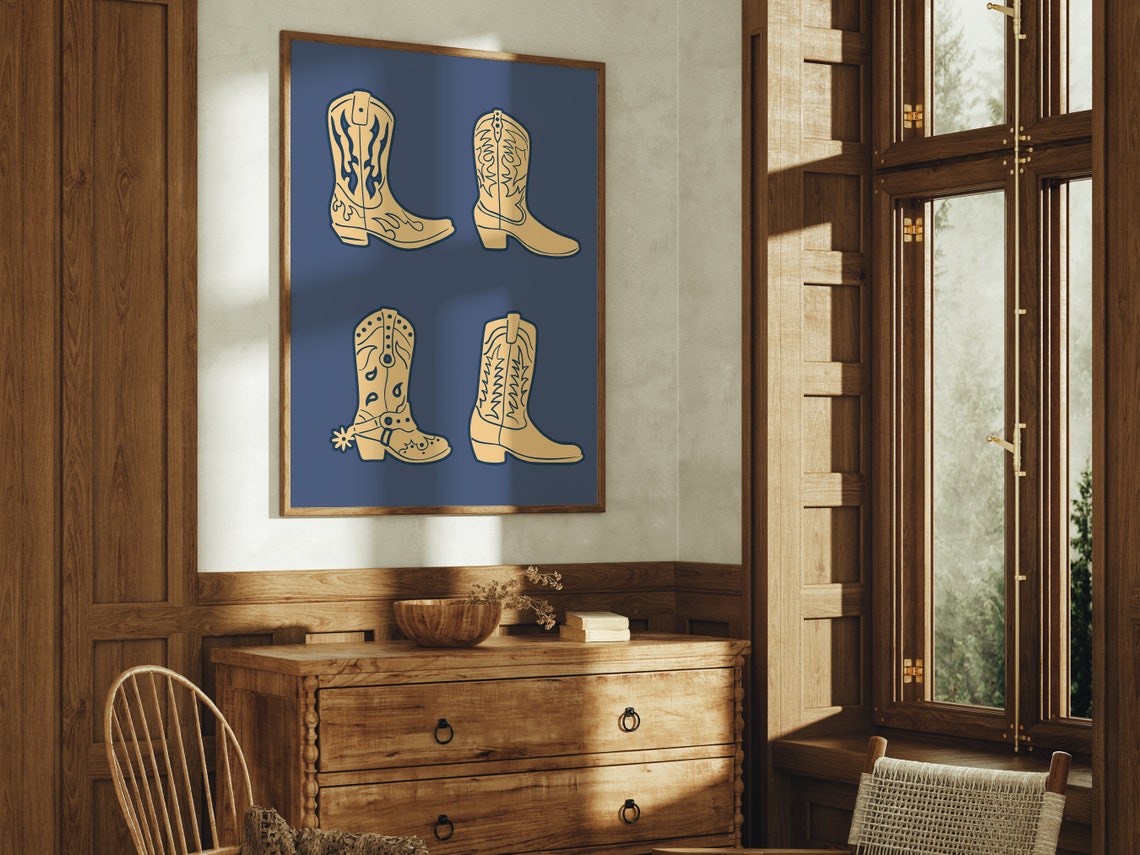 Cowboy Boots Quartet Tan on Navy Minimalist Western Wall Art - Image 2
