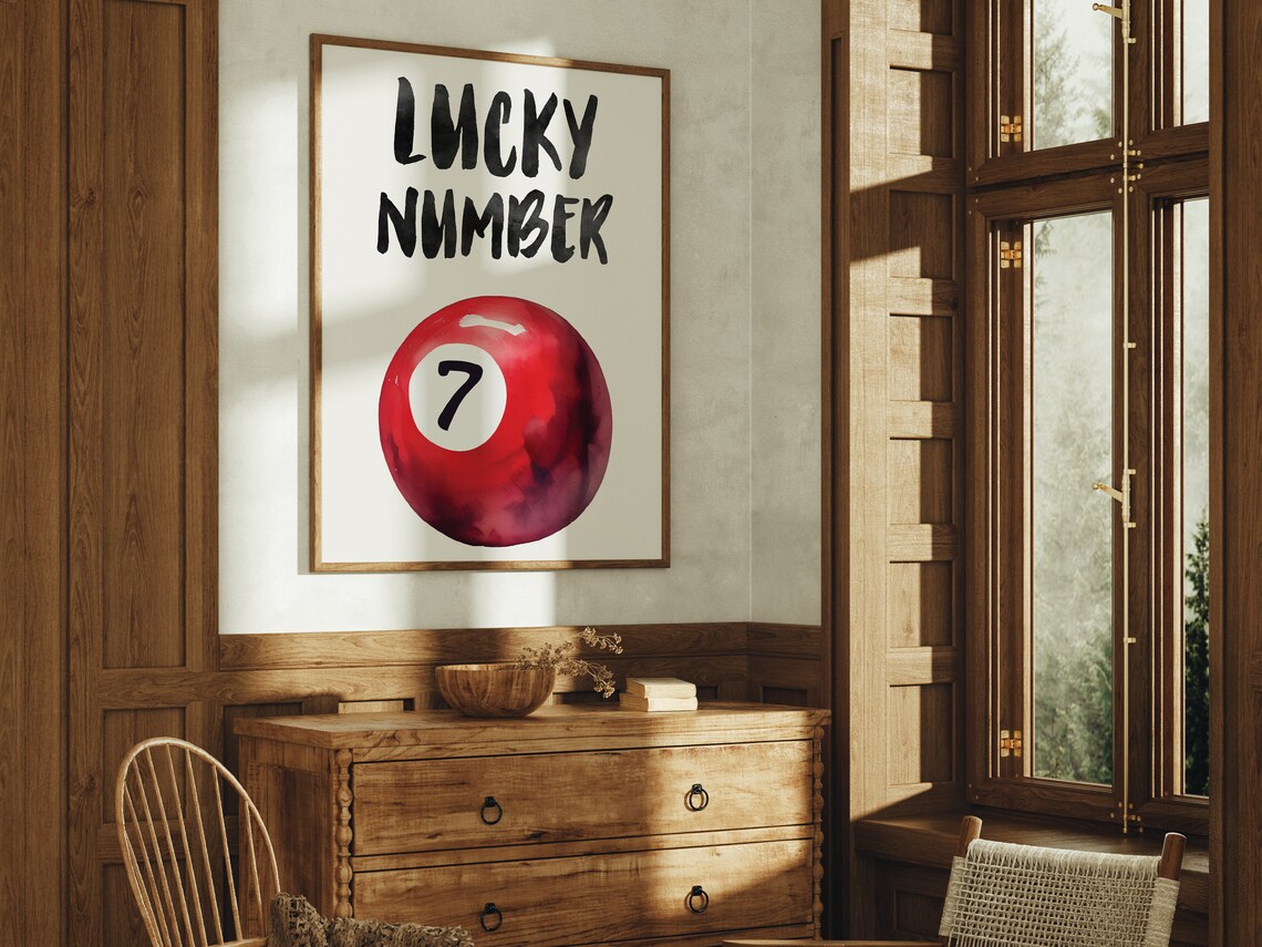 Lucky Number Seven Ball Red Watercolor Billiard Typography Poster - Image 2