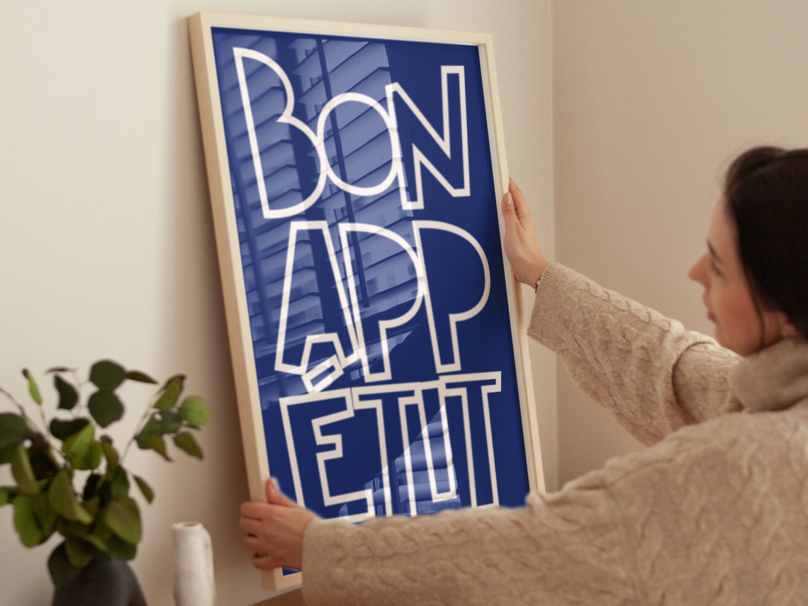 Bon Appetit Oversized White Block Letter Blue Kitchen Poster - Image 3