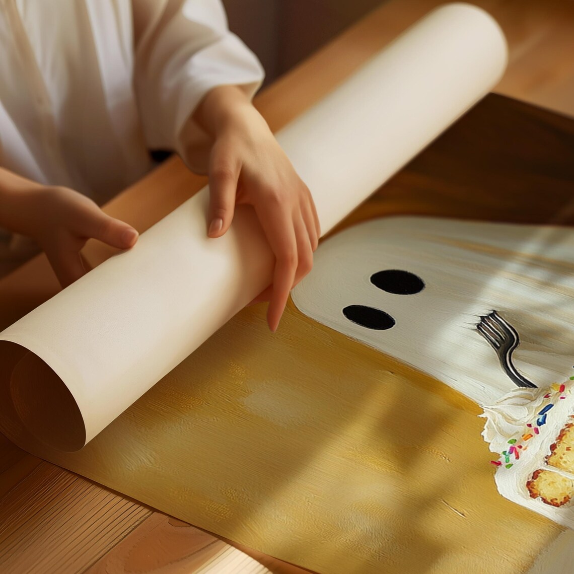 Funny Ghost Eating Cake, Whimsical Spooky Dessert - Image 2