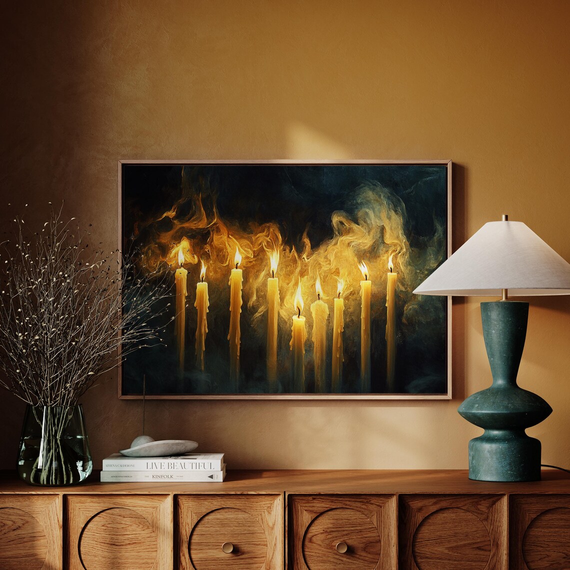 Row Of Tall Burning Candles Golden Smoke Dark Mystical Candle Poster - Image 3