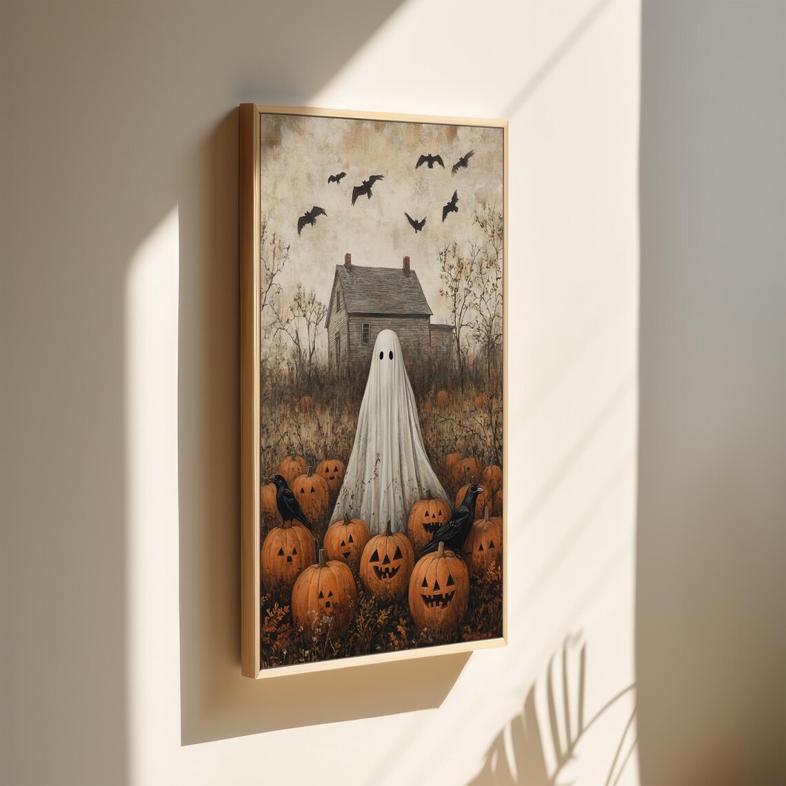 Cute Ghost Among Jack O Lanterns Vintage Halloween Haunted House Poster - Image 2