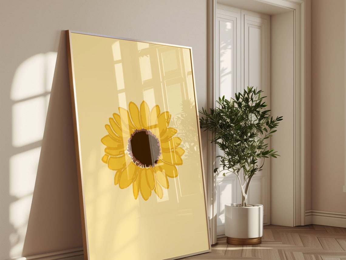 Single Sunflower Golden Bloom Cream Minimalist Botanical Wall Poster - Image 2