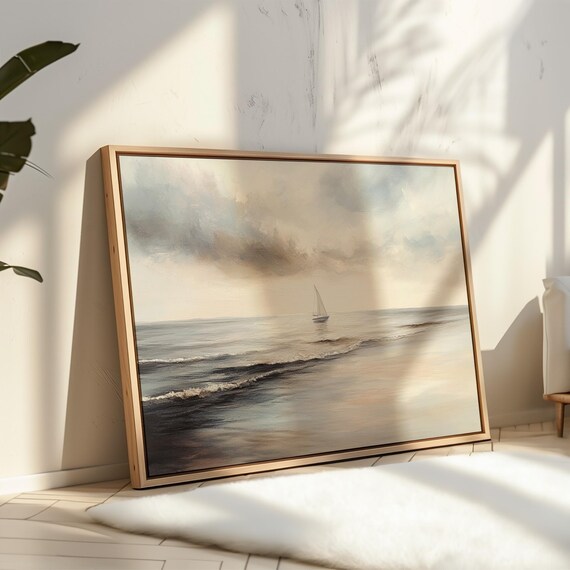 Coastal Sunset Sailboat Painting Wall Art Print Serene Ocean Art With Soft Neutral Tones For Nautical Decor And Peaceful Wall Interiors