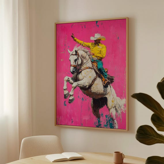Western Rodeo Cowboy On Rearing White Horse Bold Pink Background Vibrant Country Wall Art Modern Wild West Decor