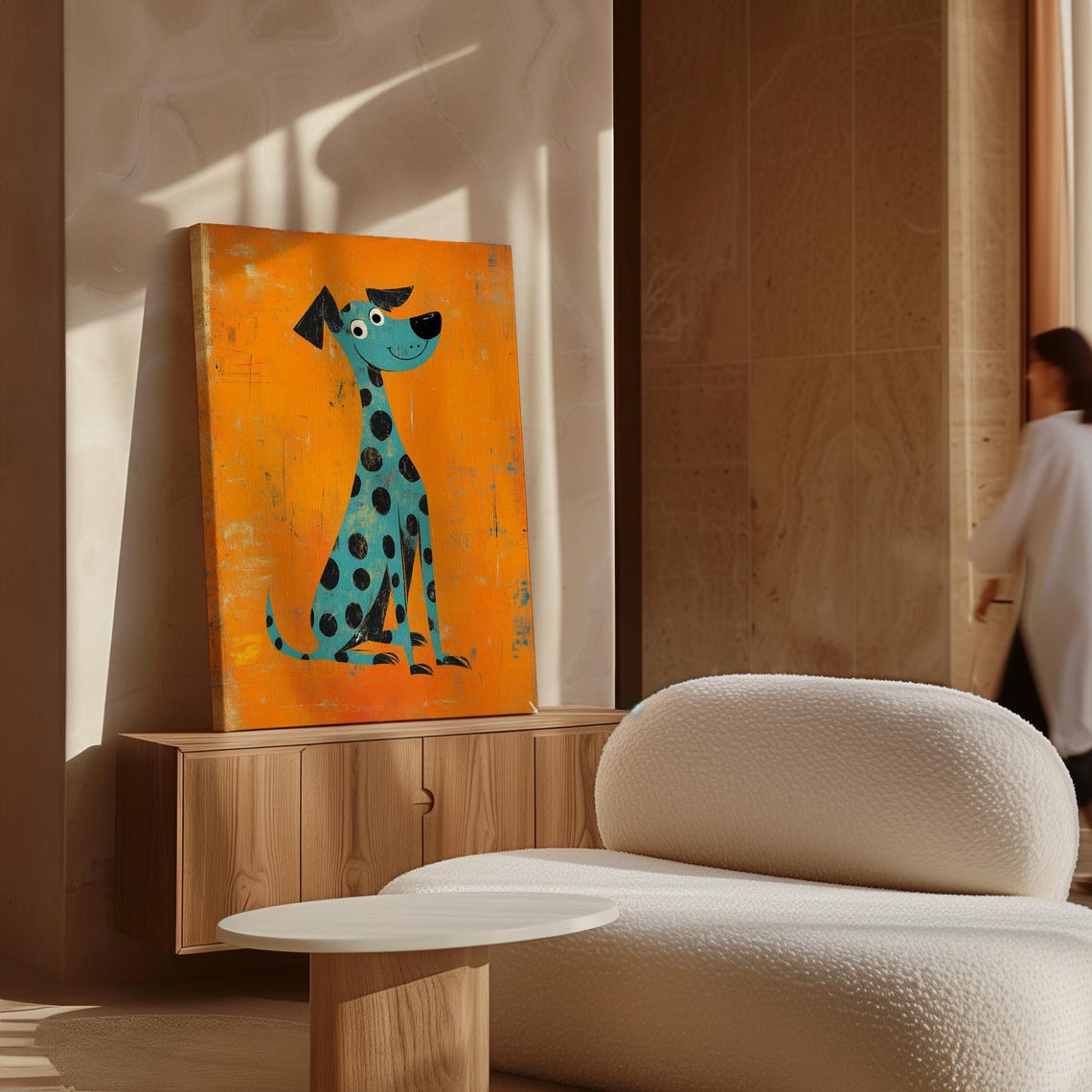 Blue Spotted Cartoon Dog Orange Background Whimsical Pet Art Poster - Image 4