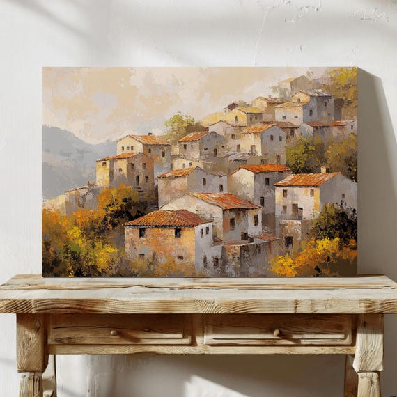 Rustic Village Landscape Art Print Mediterranean Hillside Scene Autumnal Colors Wall Decor For Cozy Living Spaces