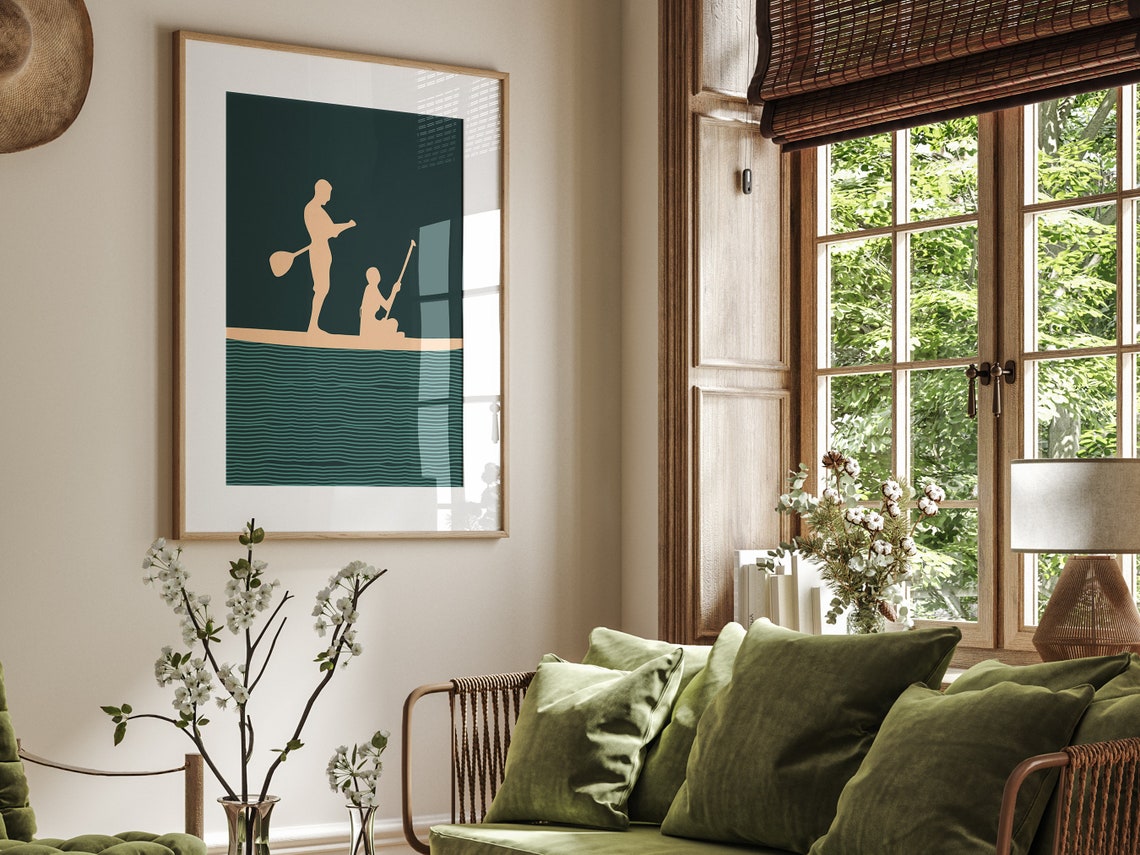 Boho Tandem Paddlers Silhouette Teal Water Minimalist Sports Poster - Image 2