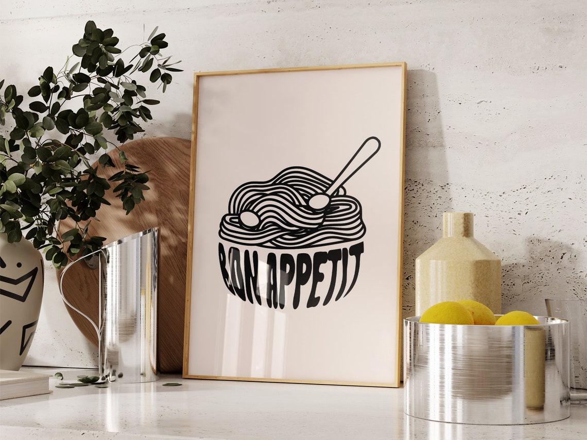Bon Appetit Retro Noodle Bowl Line Art Fun Modern Kitchen Poster