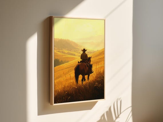 Western Cowboy Sunset Print Rustic Horseback Art Country Landscape Wall Decor Golden Prairie Painting Cowboy Riding Artwork