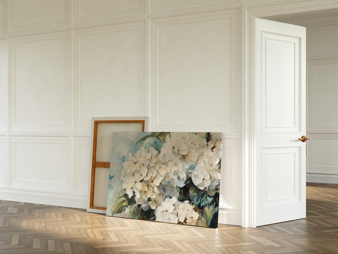 White Hydrangea Bloom Textured Impasto Blue Green Floral Art Print - Image 3