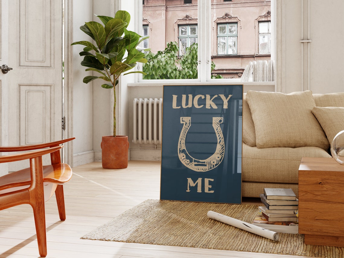 Lucky Me Horseshoe Navy Cream Western Typography Good Luck Poster - Image 4