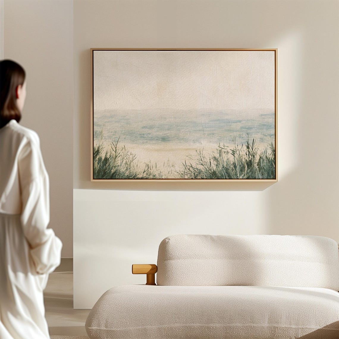 Minimalist Pale Ocean Landscape With Beach Grass Serene Sea View Print - Image 2
