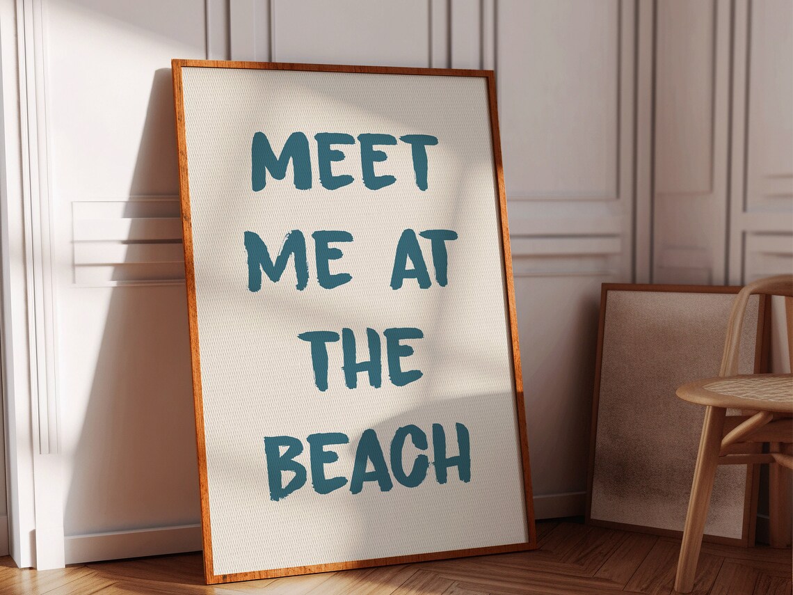 Meet Me At The Beach Blue Brush Lettering Coastal Quote Wall Poster