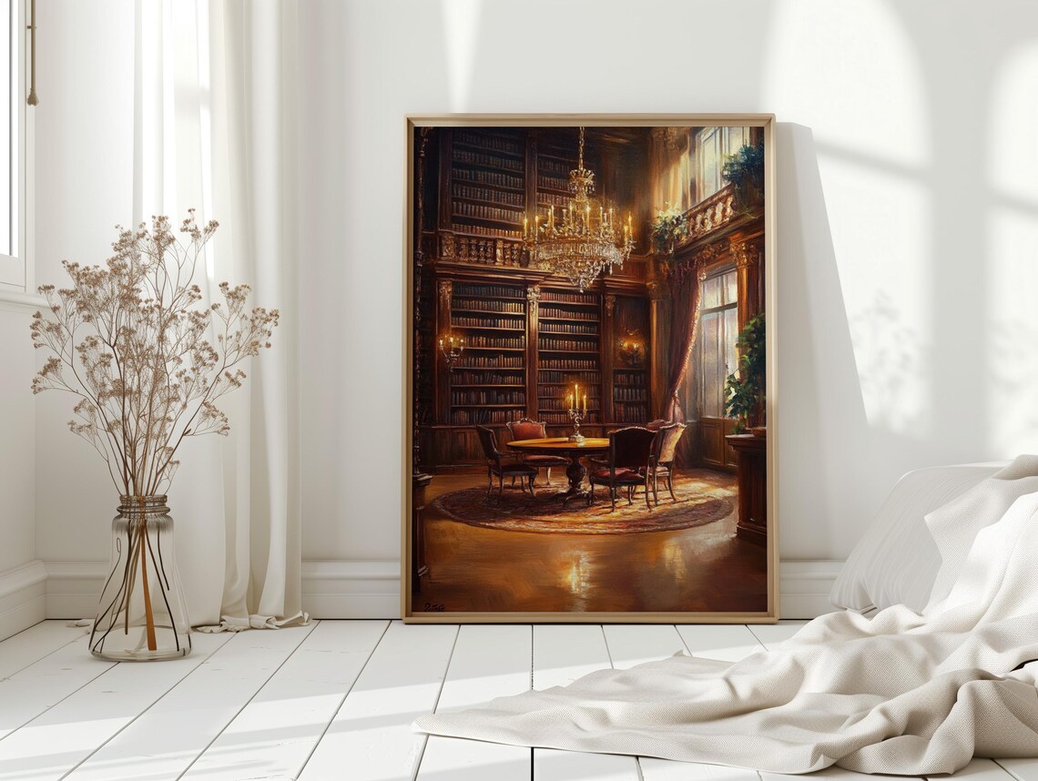 Grand Library Interior Chandelier Books Regal Room Art Poster - Image 2