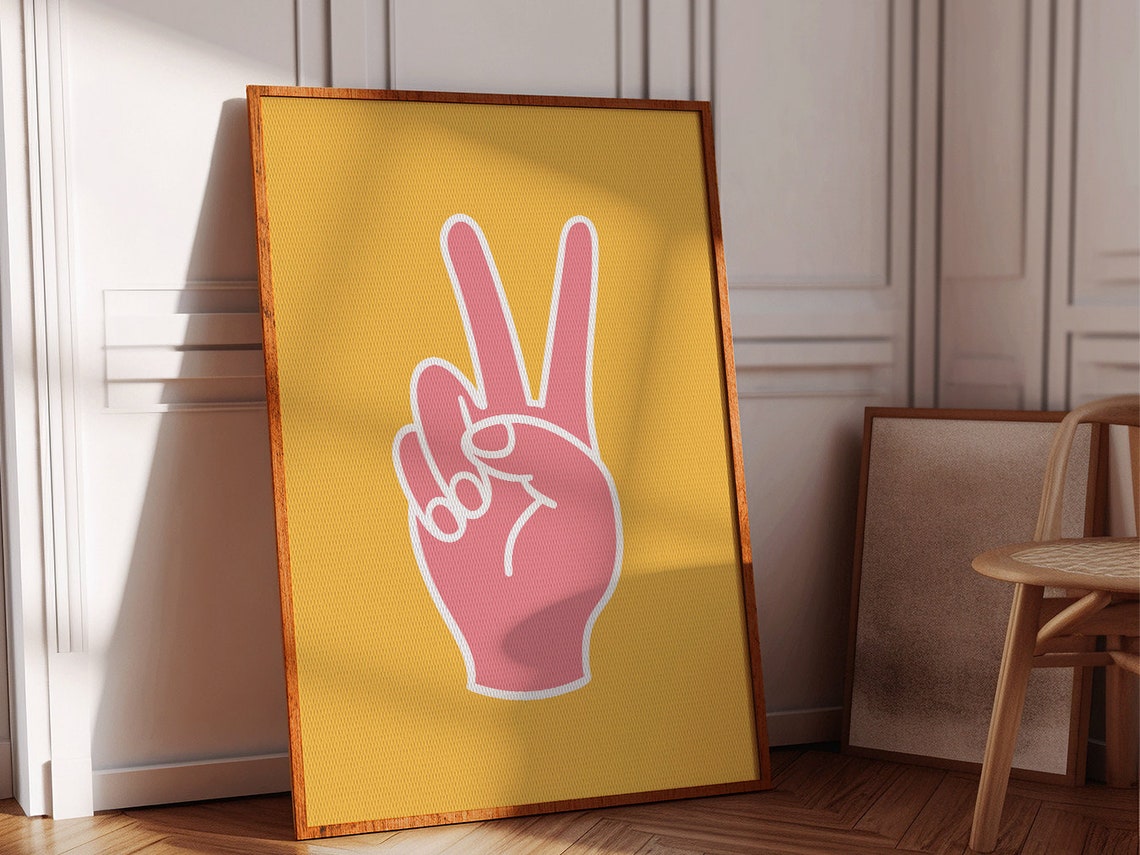 Pink Peace Sign Hand On Mustard Yellow Background Groovy Wall Art - Image 4
