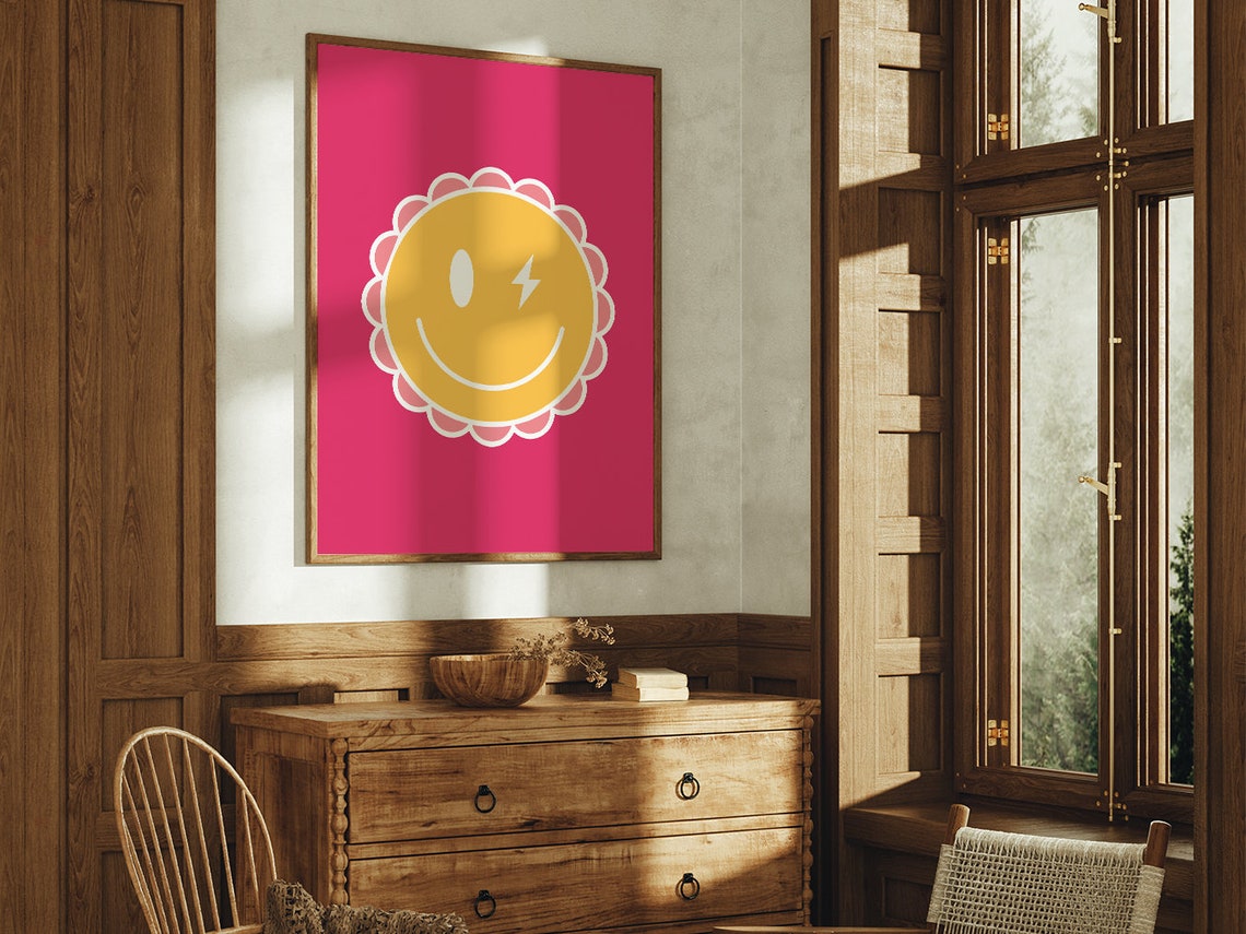 Pink And Yellow Winking Smiley Face Preppy Groovy Dorm Room Poster - Image 4