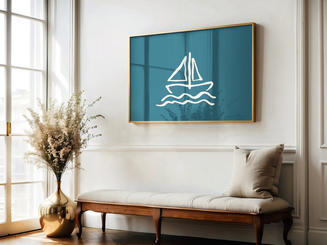 Sailboat Cream Line Art Blue Gray Nautical Minimalist Wall Poster - Image 4
