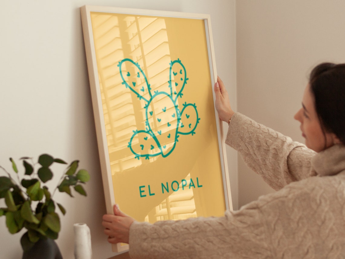 El Nopal Prickly Pear Cactus Green Line Art Mustard Folk Art Poster - Image 2