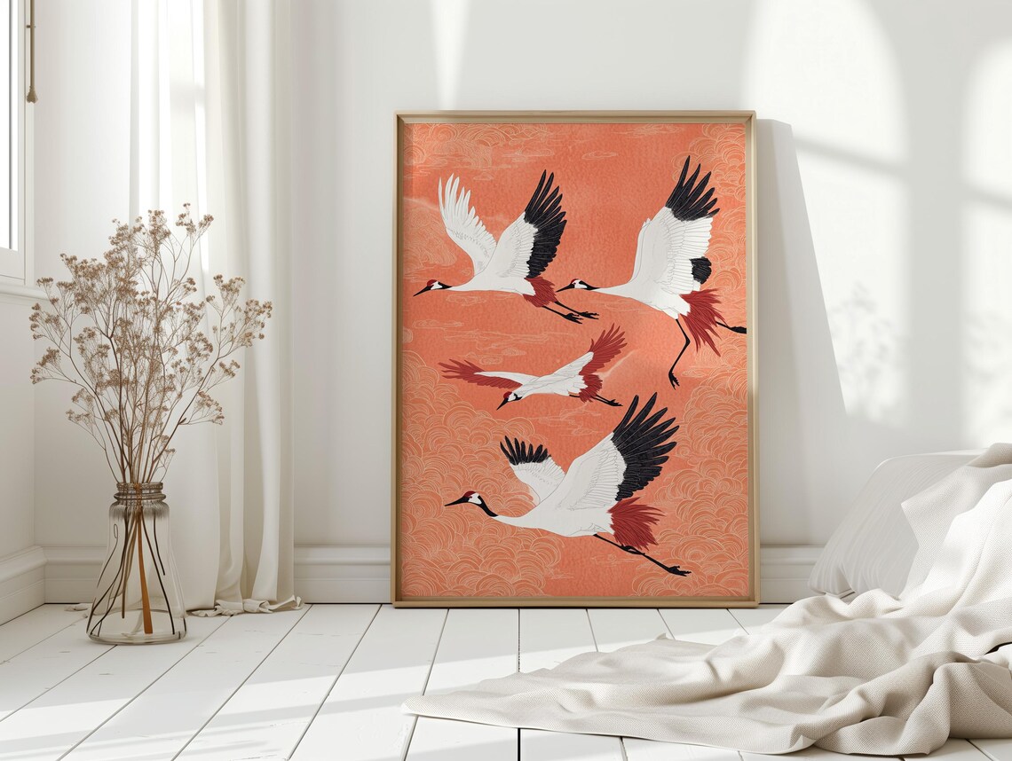 Japanese Crane Flight Art Print, Zen Bird Decor - Image 4