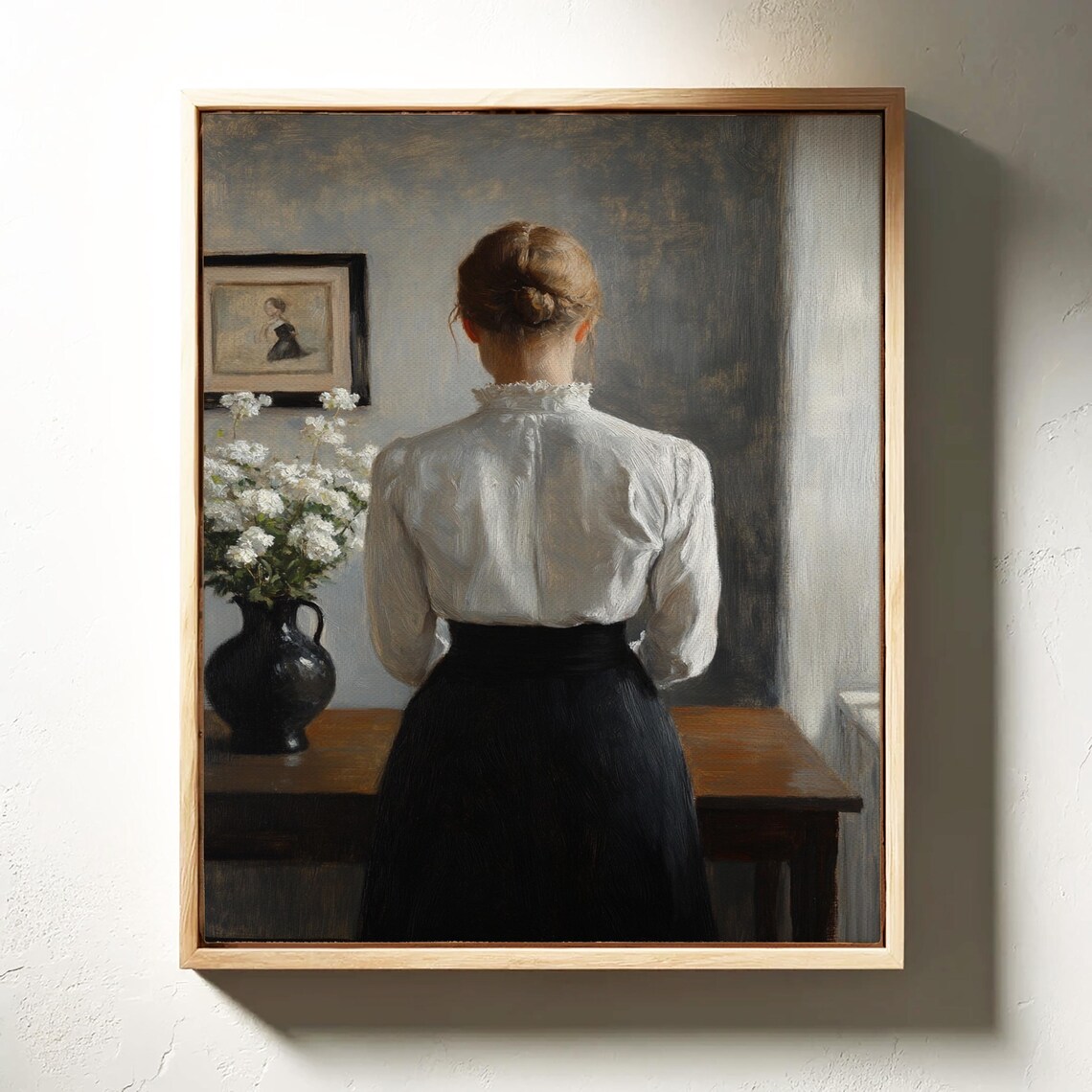 Vintage Woman Portrait Back View White Blouse Dark Skirt Classic Oil Painting Poster - Image 4
