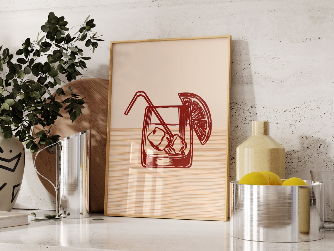 Boho Old Fashioned Orange Straw Terracotta Minimalist Bar Art Poster