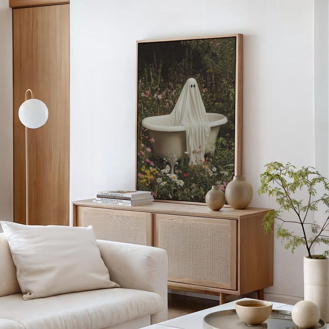 Whimsical Ghost Resting On Bathtub Cottagecore Floral Art Print - Image 2