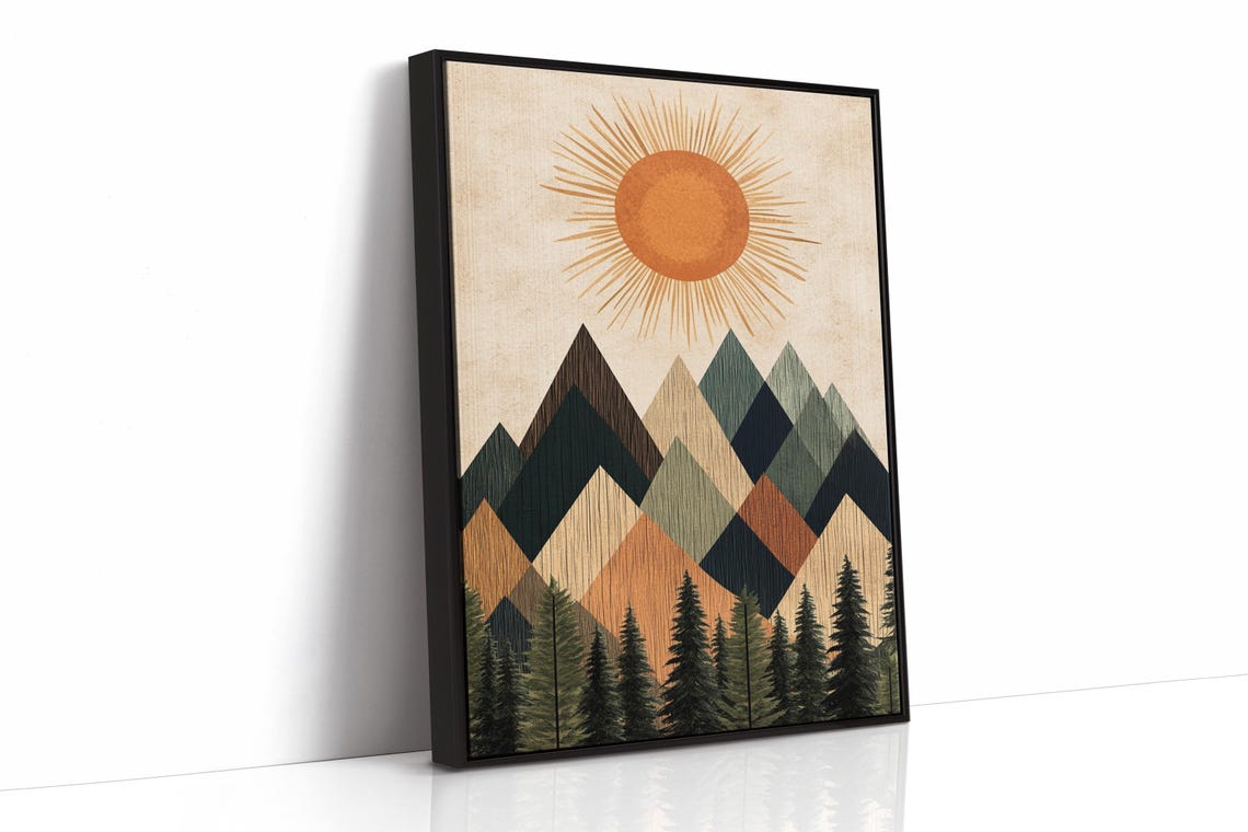 Geometric Mountain Sun Print Abstract Nature Wall Art Rustic Modern Decor Boho Forest Landscape Poster For Home Or Office - Image 5