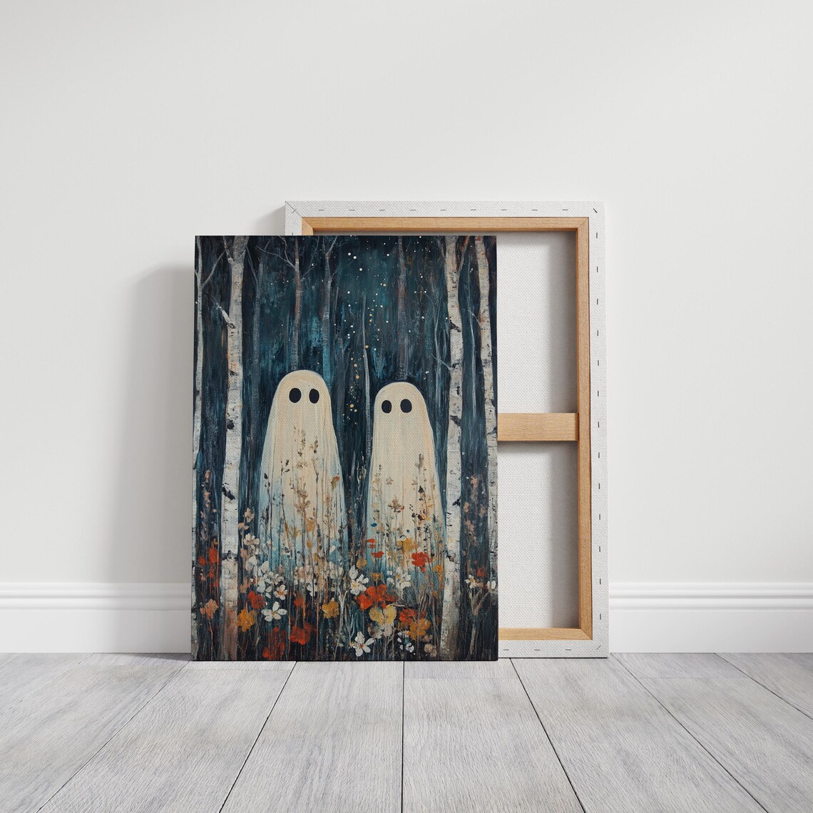 Whimsical Ghosts in Birch Forest Autumn Floral Halloween Wall Poster - Image 3