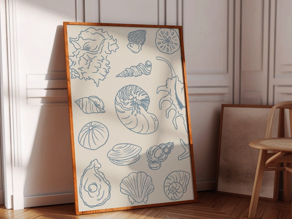 Blue Line Art Seashell Collection Ivory Beach Coastal Poster