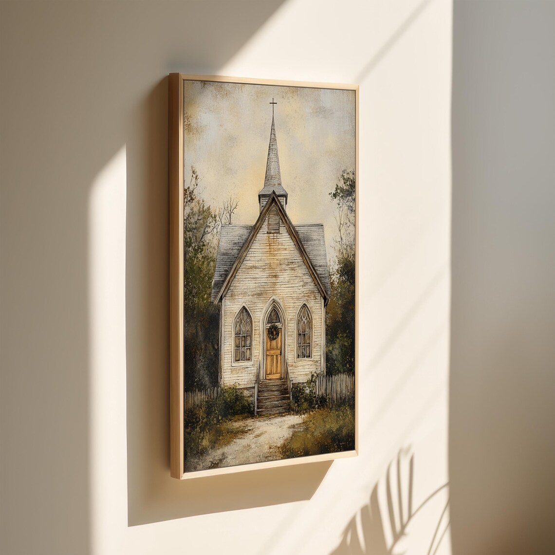Rustic Church Painting, Vintage Country Chapel Art - Image 4