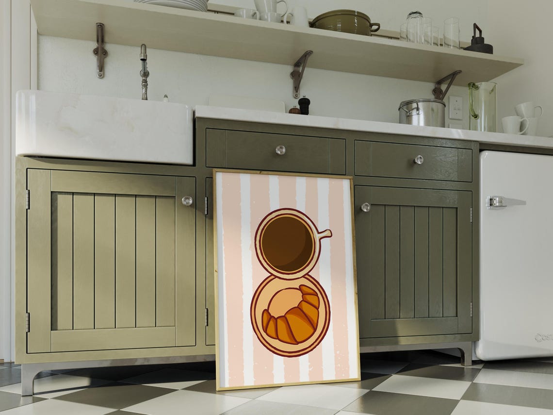 Coffee Cup And Croissant Top Down Illustration On Pink Stripes Poster