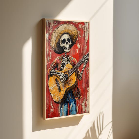 Skeleton Guitarist Art Print Day Of The Dead Music Decor Mexican Folk Art Rustic Western Skull Wall Art Dia De Los Muertos