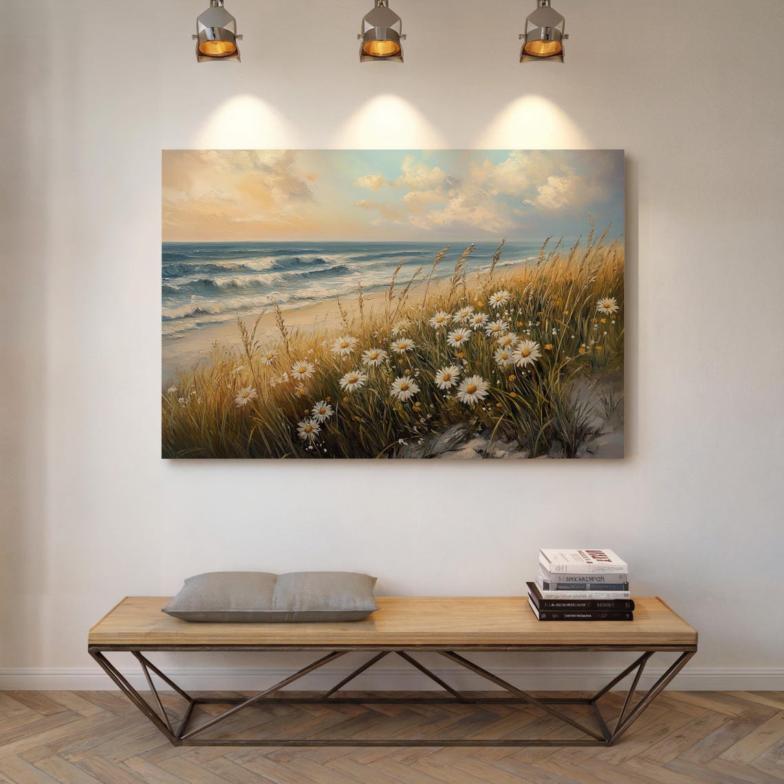 White Daisy Meadow And Beach Waves Golden Coastal Grass Scene Poster - Image 5