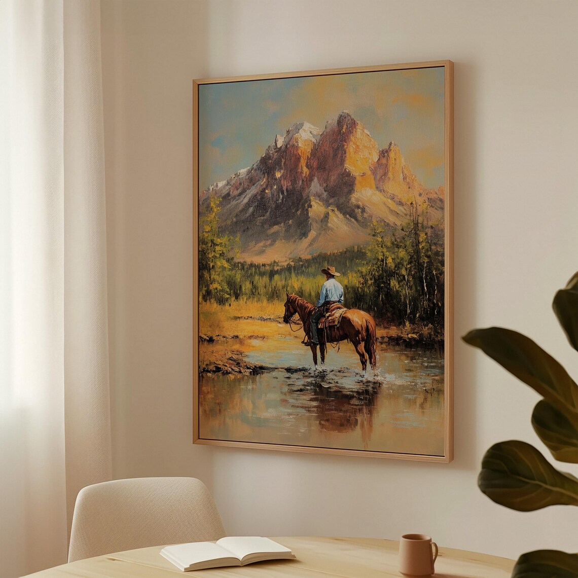 Cowboy And Horse Mountain Art Print, Rustic Ranch