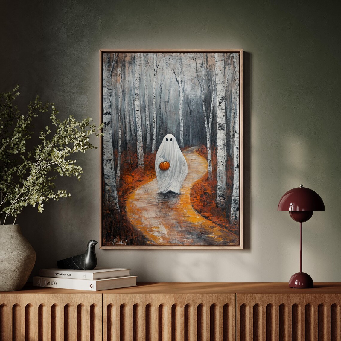 Ghost With Pumpkin, Birch Forest Autumn Halloween Print - Image 5