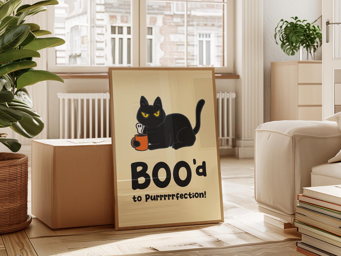 Bood To Purrrrfection Halloween Cat Poster Funny Black Cat Wall Art Cute Spooky Decor For Living Room Kids Room Or Halloween Party